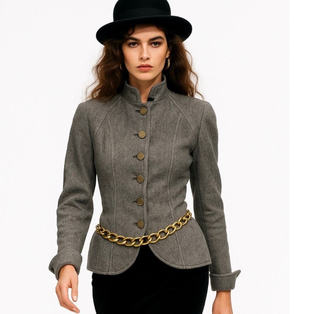 Karl Legerfeld Rare Vintage 90s Gray Tweed Military Steampunk Style Jacket